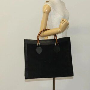 GUCCI Bamboo Hand Bag Suede Black Gold
